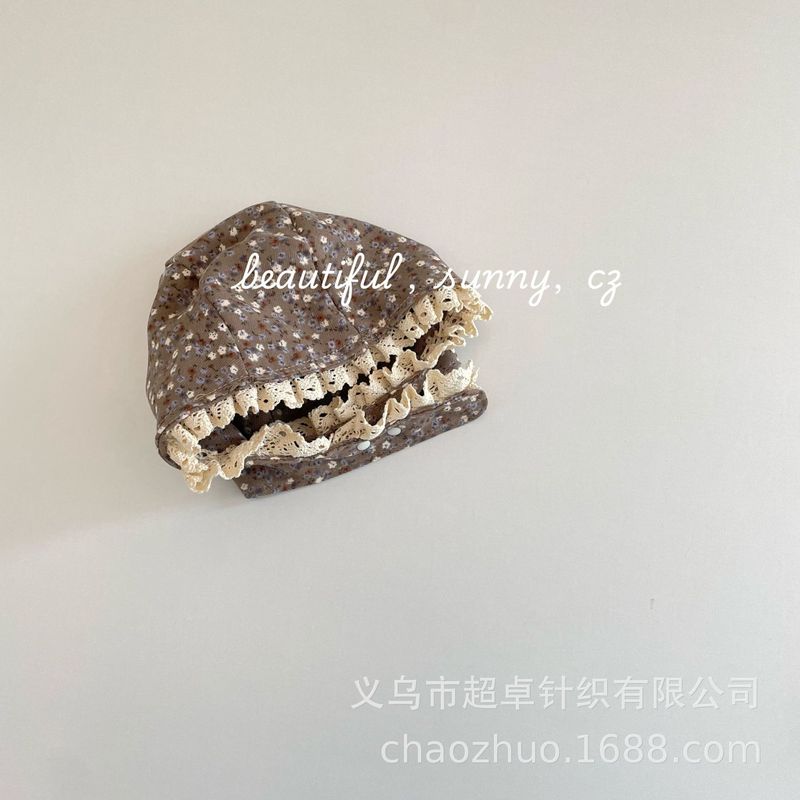 韩范蕾丝边碎花复古花苞盆帽下巴绳子帽儿童渔夫帽|undefined