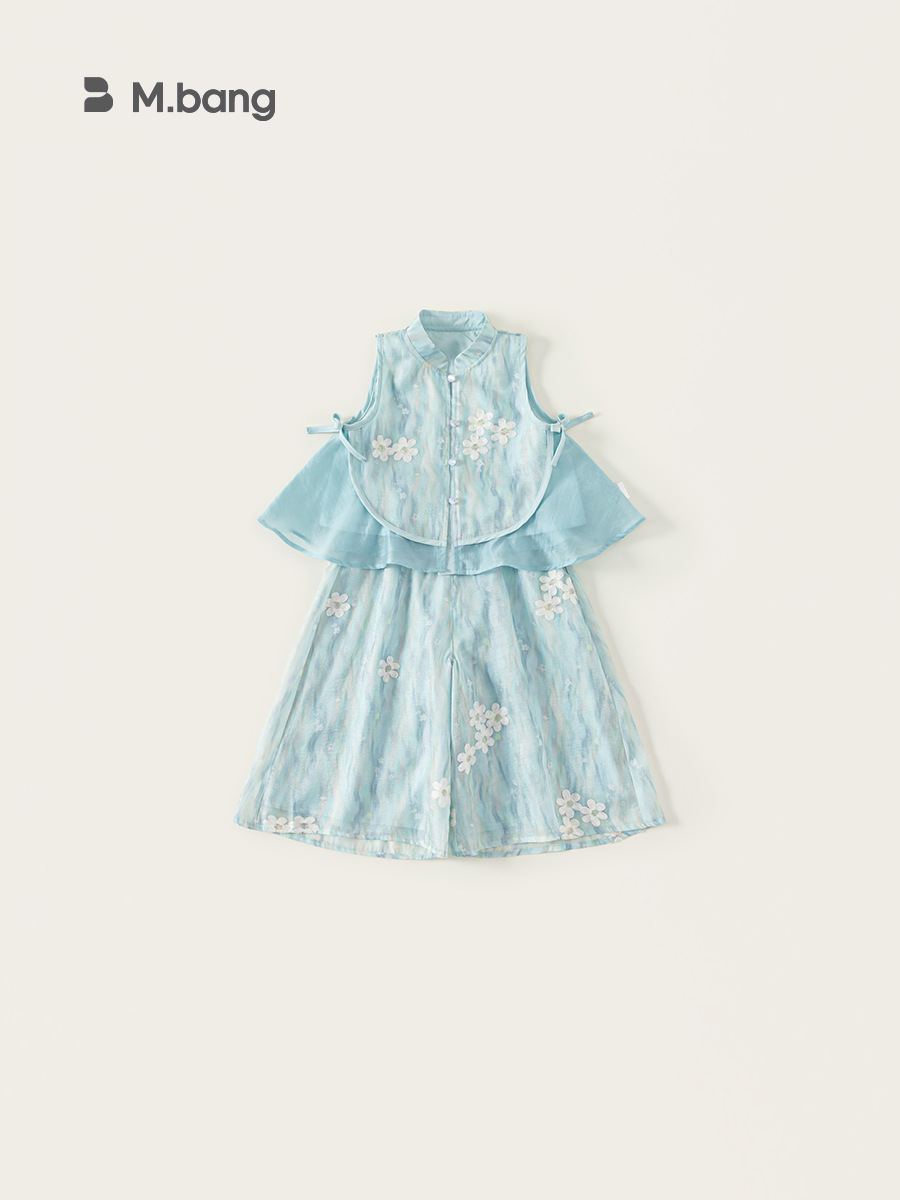 Youbao ropa para niños traje para niñas nuevo estilo chino hebilla bordado sin mangas top holgado pantalones anchos traje de dos piezas para niños
