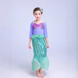 跨境童装女童美人鱼公主裙儿童亮片裙子长袖修鱼尾裙批发