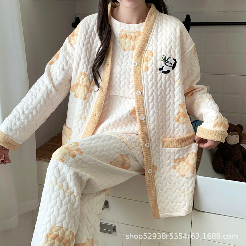 Air Cotton Moon Clothing Autumn and Winter Postpartum September-December Thick Cotton Pregnant Women's Pajamas Three-piece Set Pregnant Women's Pregnancy