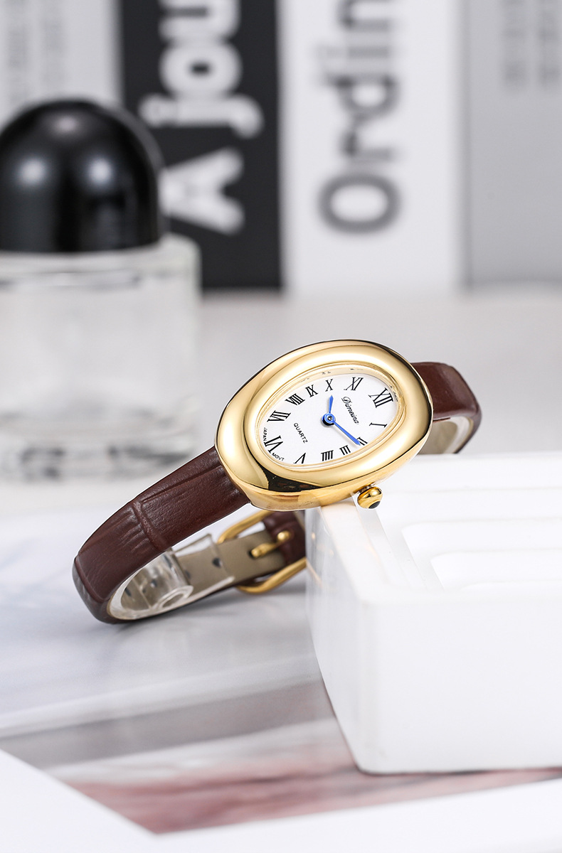 26g Weight Tempered Glass Mirror Material Genuine Leather Strap Material Watch Classification Pointer Display Type Buckle Buckle Style Oval Dial Shape Holiday, Daily Occasion Quartz Movement Solid Color Pattern All Seasons Season Women's Gender Vacation, Simple Style Style Vacation Simple Style Solid Color Buckle Quartz Watch Women's Watches 5