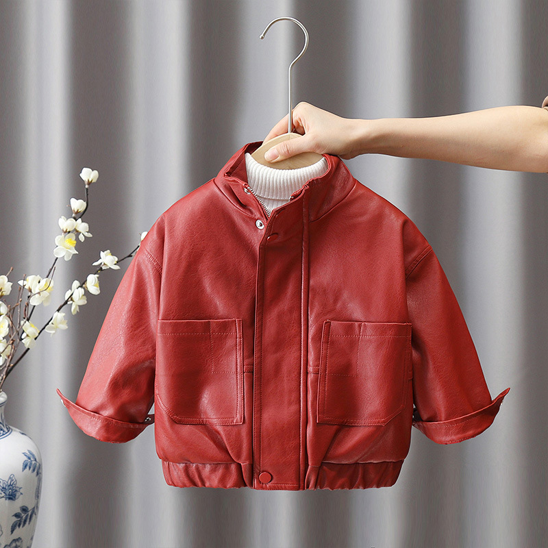6675 Chaqueta de cuero rojo para niños 2025 Chaqueta de cuero con cuello alto festiva de invierno para niños más terciopelo image 4