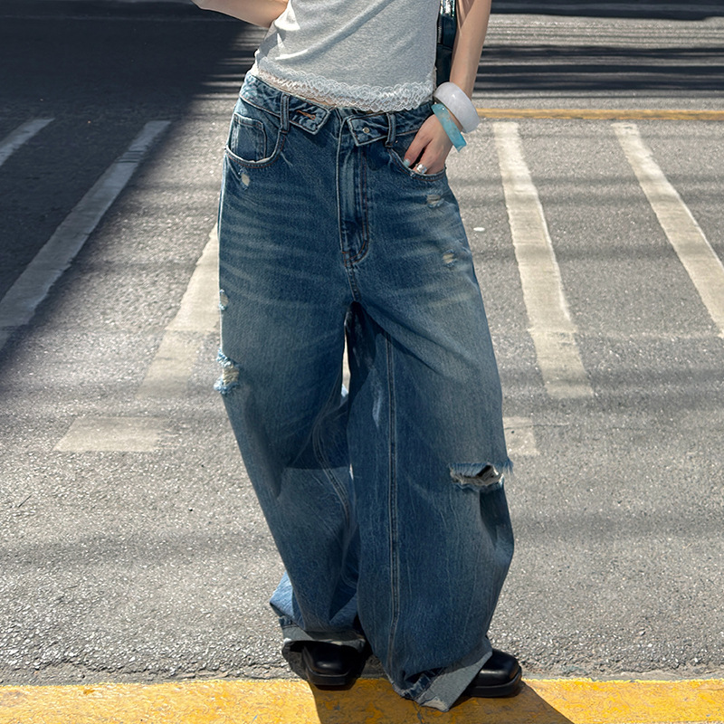 "2.24 Spring/Summer New Collection" Mmfish Fashionable Ripped Wide-Leg Jeans with Folded Waistband 26K075 "2.24 Spring/Summer New Collection" Mmfish Fashionable Ripped Wide-Leg Jeans with Folded Waistband 26K075