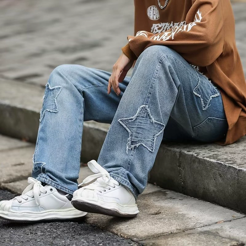 Звезды вышитые джинсы мужские весенние стирки старые штаны High Street vibe американские ретро прямые широкие брюки