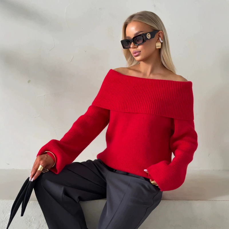 Cross-Border European and American New Women's Knitwear, Lazy Style One-Shoulder Turn-Down Collar, Two-Way Wear, Unique and Versatile Pullover Sweater
