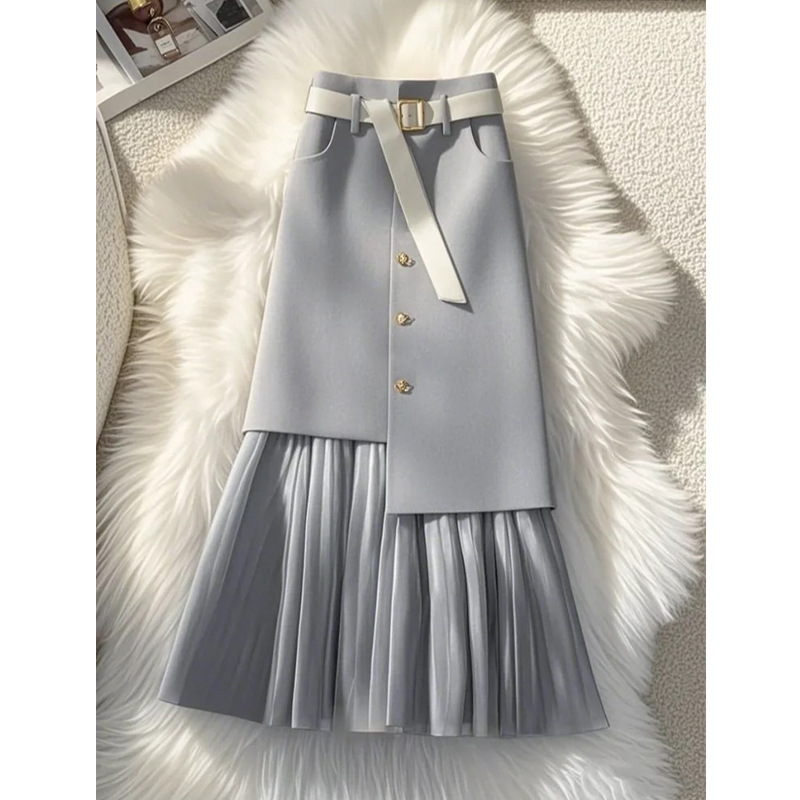 2025 New Grey Skirt Women's Early Spring Design Sense Pear-shaped Body Covering Hip High Waist Slimming Mid-length Umbrella Skirt
