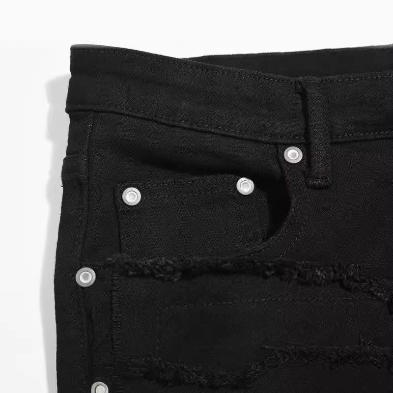 Men's Clothing High Street Fashion Brand Washed Distressed Ripped Black Zipper Black Cow Patchwork Jeans_voghion.com