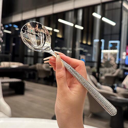 Stainless steel spoon adult eating thickened soup spoon Korean long handle Western food ice cream spoon spoon watermelon spoon