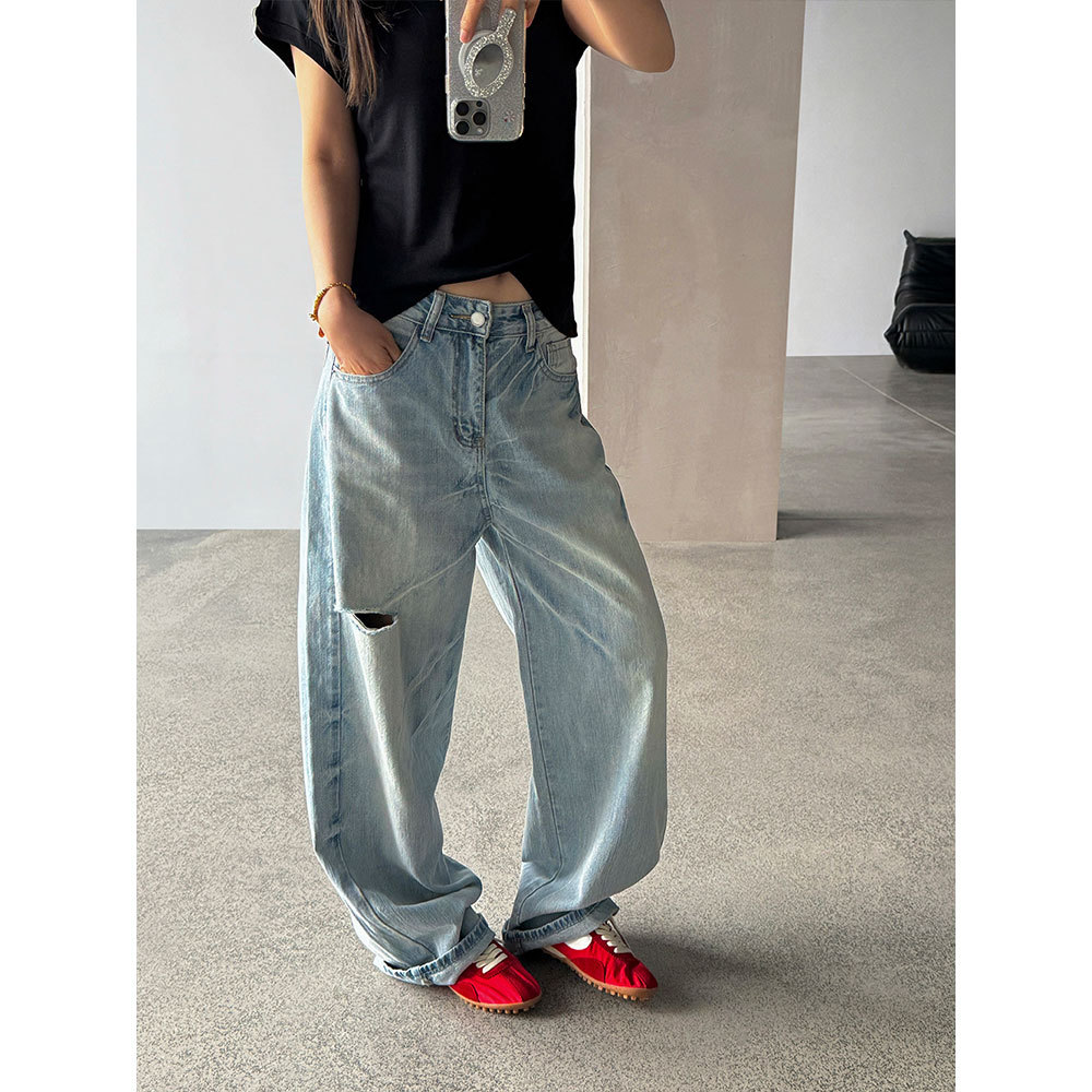【王琪芝】自留破洞复古水洗牛仔裤女直筒宽松休闲街头长裤WQ222