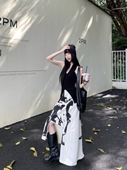 アメリカのレトロなスーツの女性のギャルは首のvネックのニットのベストの夏の不規則な半身のスカートの甘いクールな2つのセットを掛けます。
