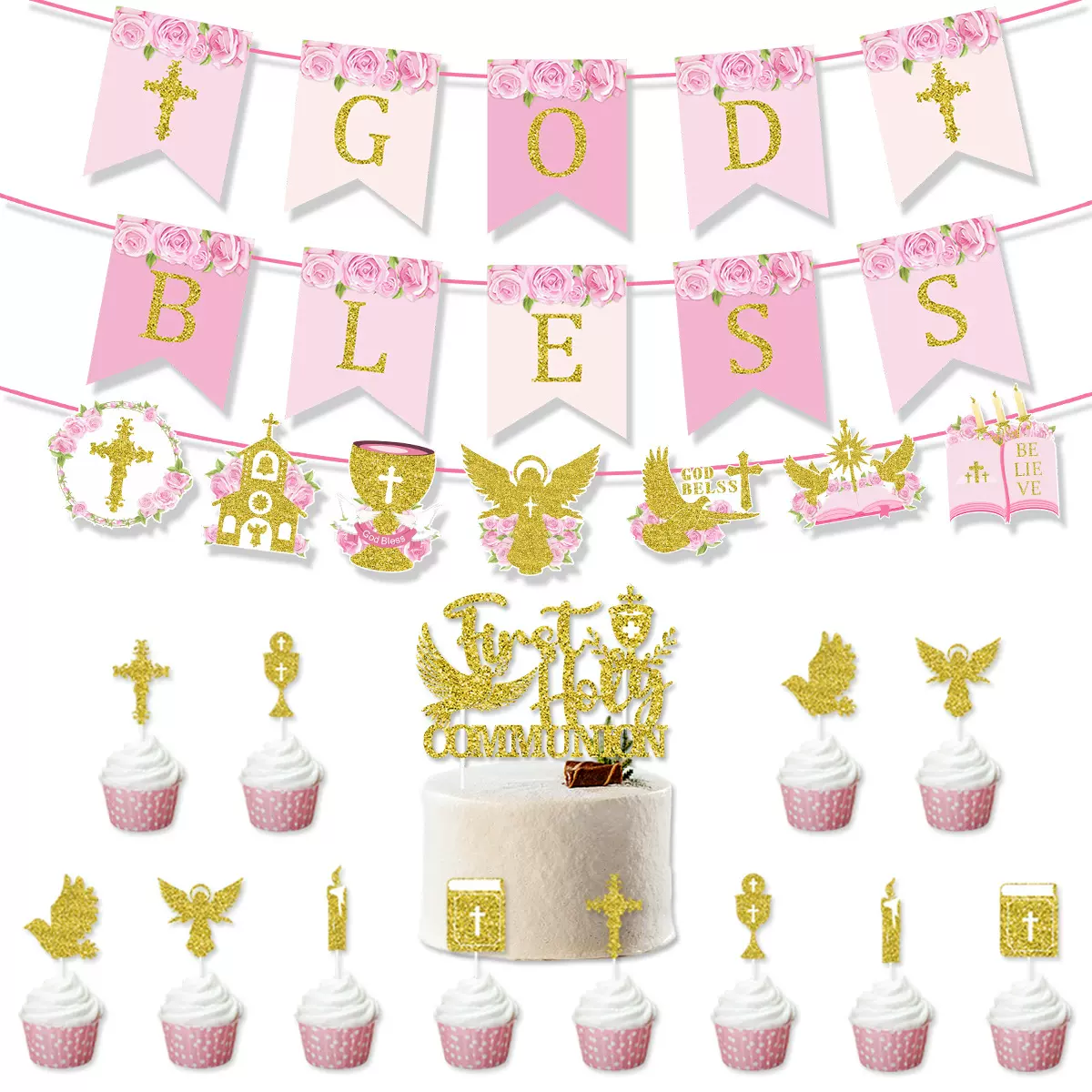 亚马逊跨境婴儿洗礼圣餐派对装饰GOD BLESS拉旗蛋糕插牌批发定制