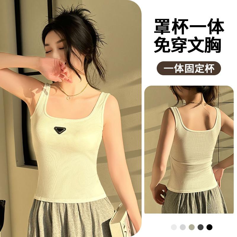 Prada Camisole with Cup Pads for Women, Summer Outerwear, New Style, Triangle Logo, Slim Fit, Versatile, Beautiful Back, Sleeveless Top for Women