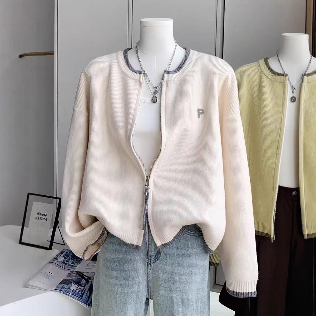 2025 New Autumn and Winter Cross-Border Knitted Cardigan Women's Sweater Jacket Loose Double Zipper Lazy Style Top Soft and Waxy