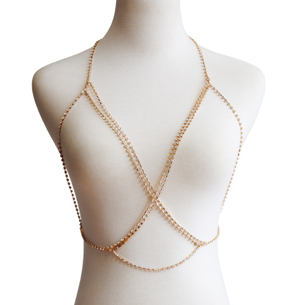 Joyería transfronteriza europea y americana, cadena de pecho con diamantes de imitación a la moda y sexy para mujer, collar de lencería bohemia para playa, cadena de sujetador de varias capas image 8