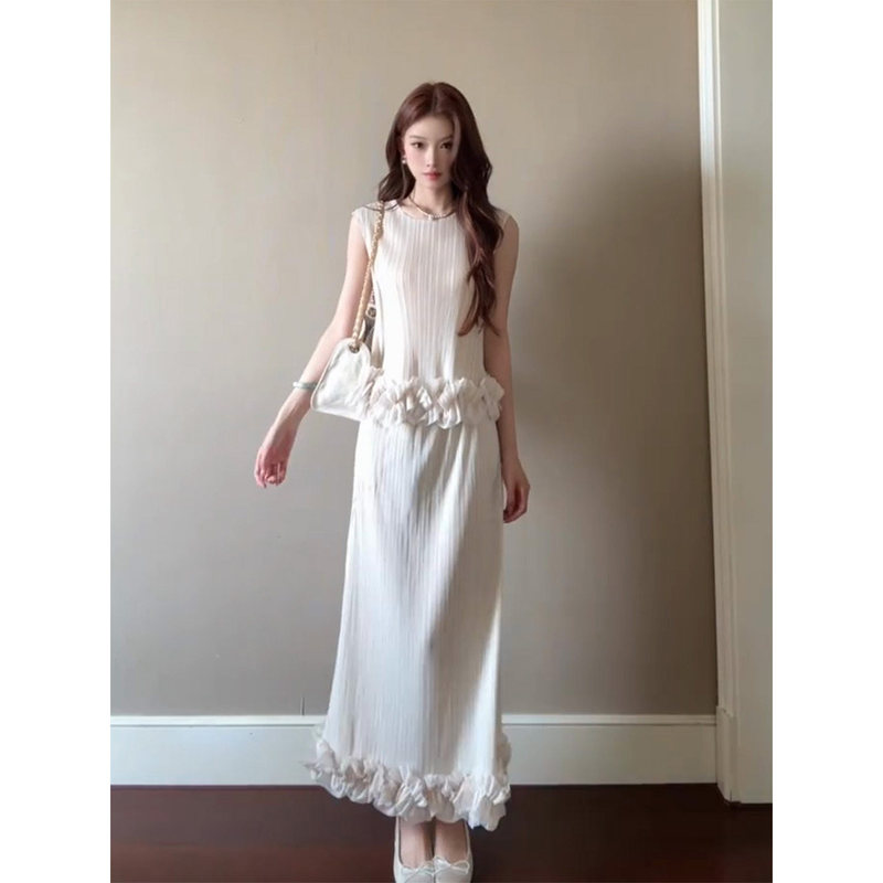 Miyake Pleated French-Style Gentle Lace Sleeveless Top and Skirt Women's Summer Pleated Two-Piece Set