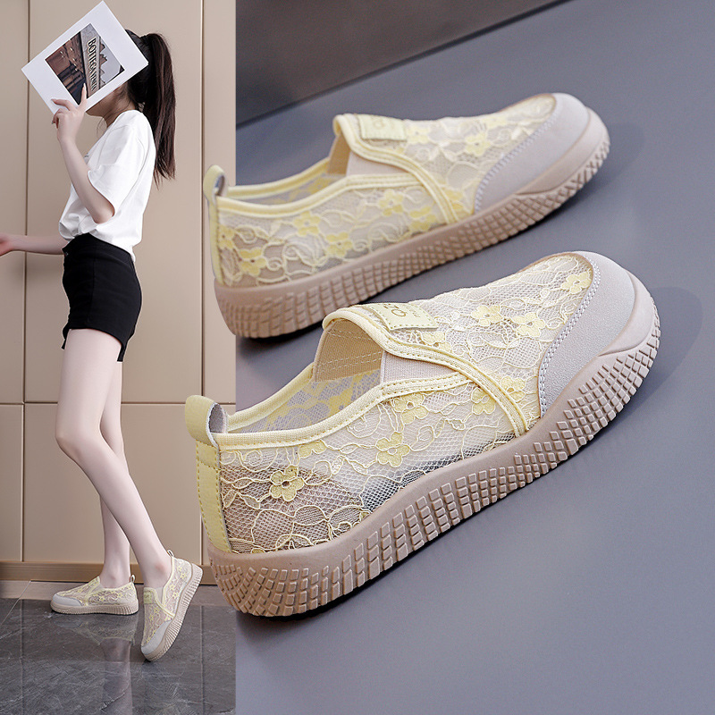 Fisherman Shoes for Women 2026 Summer New Style Lace Mesh Breathable Slip-On Women's Flats White Sneakers for Women S2651