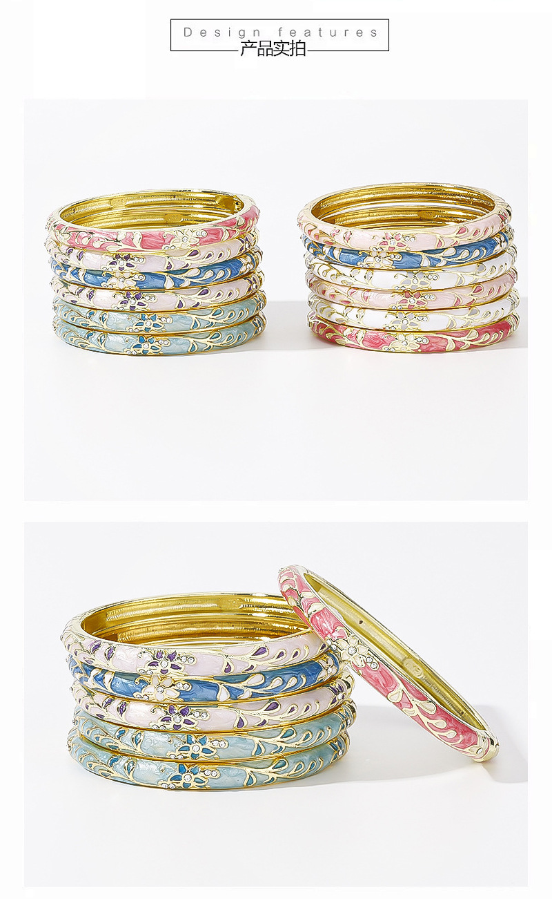 Vintage Enamel Alloy Open Bangle Ethnic Style Peony Flower Hand Ornament Cloisonne Enamel Retro Bracelet Wholesale