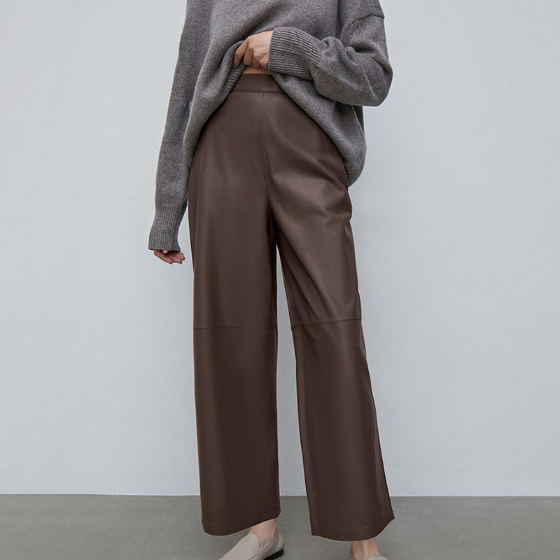 2025 European and American Cross-Border Fashionable Brown Women's Matte Leather Pants Women's Autumn and Winter Velvet High-Waisted Straight Casual Pants