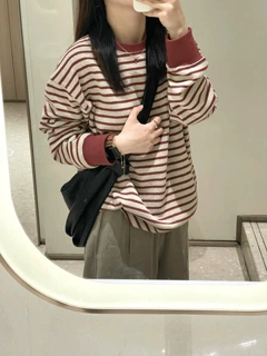 港风复古撞色条纹圆领卫衣女秋冬新款宽松显瘦休闲慵懒风学生上衣