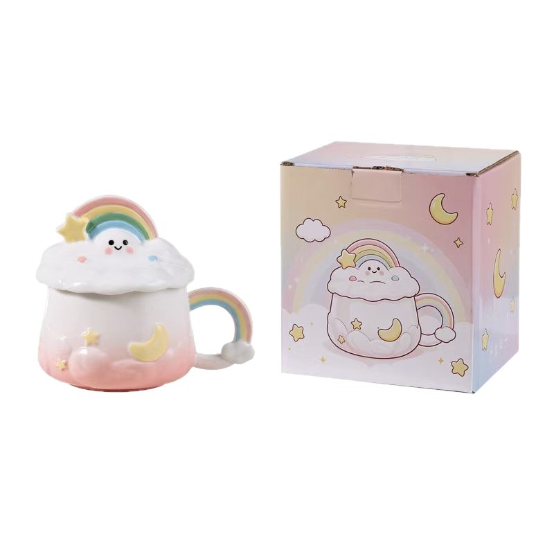 Personalidad creativa arco iris nubes taza con tapa cerámica taza de agua encantadora taza de café taza de regalo transfronteriza