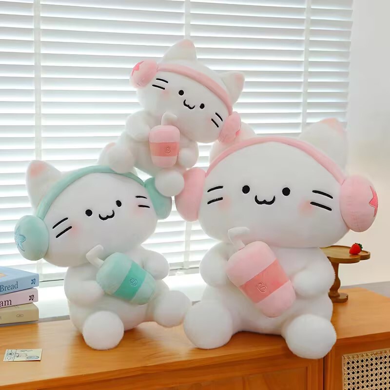 New Cute Headset Cat Doll Plush Toy Rag Doll Sitting Kitten Doll Couple Pair for Girlfriend