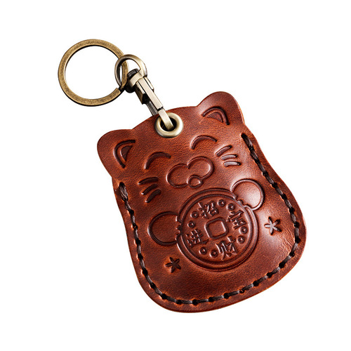 Genuine leather access control card cover bus mini community elevator card creative protective cover small rectangular water drop keychain