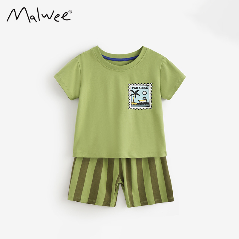 Malwee transfronterizo juego de niños verano nuevo estilo europeo y americano guapo juego de dos piezas de cuello redondo ropa de mangas cortas para niños