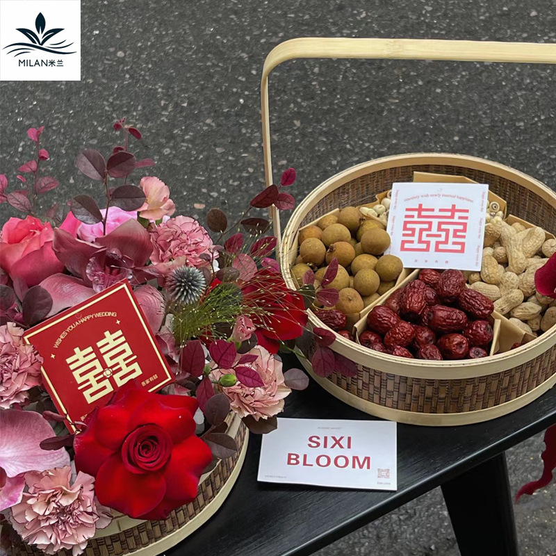 Nuevo estilo chino de bambú de doble capa de mano cesta de flores tejida a mano cesta de arreglos florales cesta de frutas de embalaje