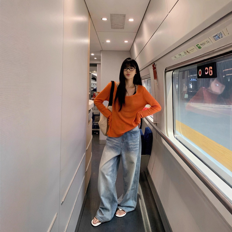 2026 Summer Pure Desire Orange Thin Long Sleeve Sunscreen Cover-Up T-Shirt for Women, Summer Hot Girl Loose Casual Off-Shoulder Top