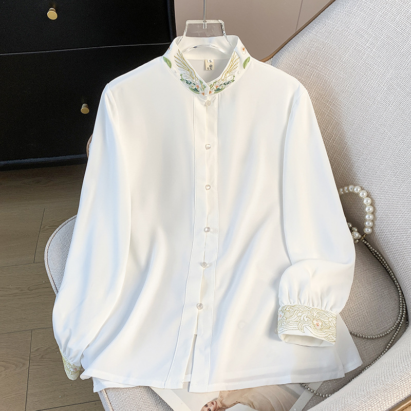 2026 New Chinese Style Retro Tang Suit Stand Collar Embroidered Long Sleeve Shirt for Women, National Style Loose Slimming Top Shirt