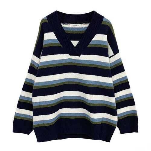 Striped sweater for women, autumn loose outer wear, retro pullover, lazy top, autumn dress, Korean loose knitted outer