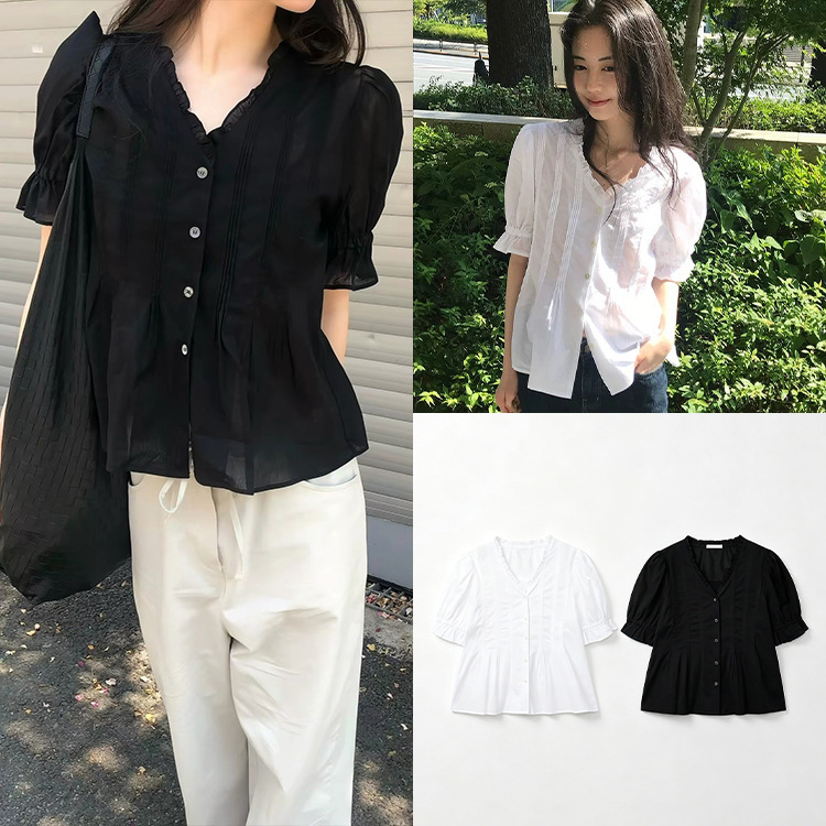 Fan Sun·Xh Korean-Style Ruffled V-Neck Pleated Puff Short-Sleeve Shirt Dongdaemun Summer New Gentle Blouse Fan Sun·Xh Korean-Style Ruffled V-Neck Pleated Puff Short-Sleeve Shirt Dongdaemun Summer New Gentle Blouse
