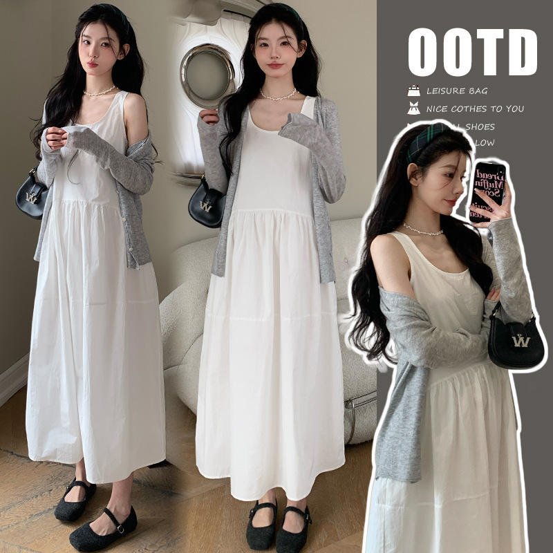 Pregnant women spring dress 2025 new knitted cardigan white vest skirt spring and summer long high-end two-piece set