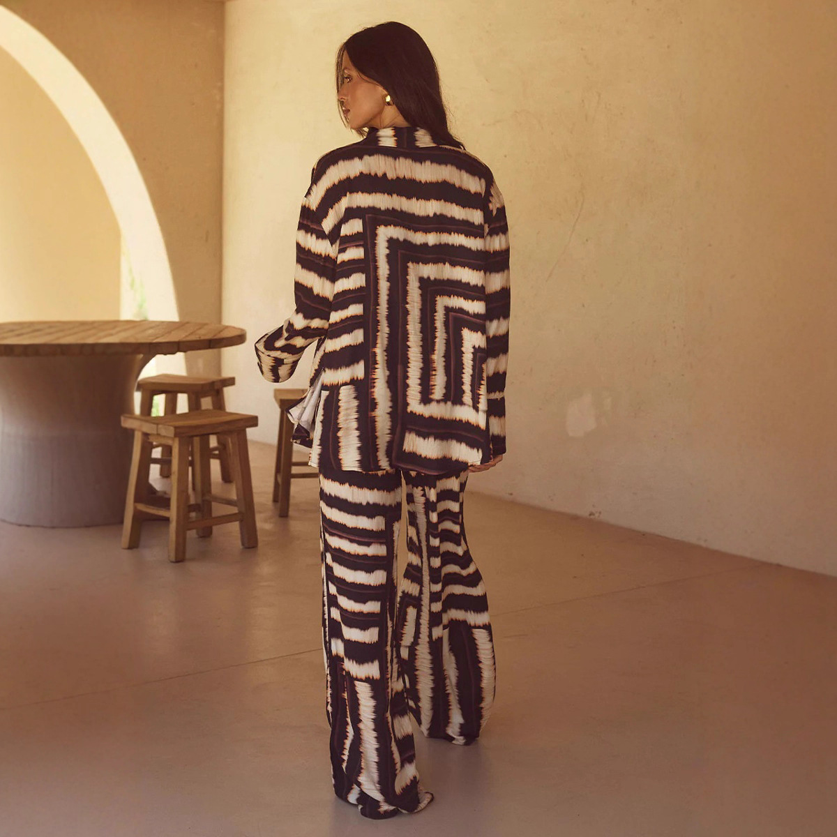 Fashion Personality Striped Printed Long Sleeves Suit Holiday Leisure