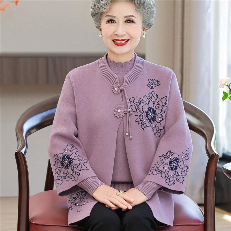 高齢者秋冬服女性コートセーターカーディガンおばあちゃん春秋スーツ奥さん服お母さん唐服2点セット|undefined