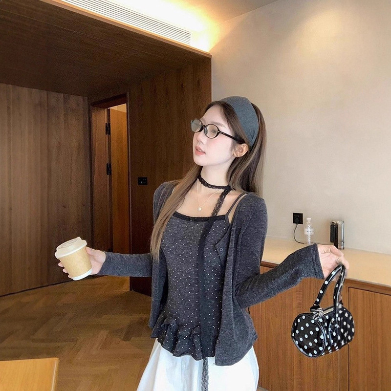 杏色开衫蕾丝波点荷叶边长袖背心吊带女2025早秋新款内搭两件套装|undefined