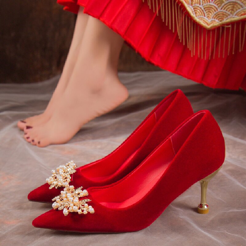 Beaded Red Wedding Shoes Women's Wedding Bride Shoes High Heeled Mid Heeled Low Heeled Wedding Wedding Bridesmaid Shoes Pointed-toe Fashion Shoes Beaded Red Wedding Shoes Women's Wedding Bride Shoes High Heeled Mid Heeled Low Heeled Wedding Wedding Bridesmaid Shoes Pointed-toe Fashion Shoes