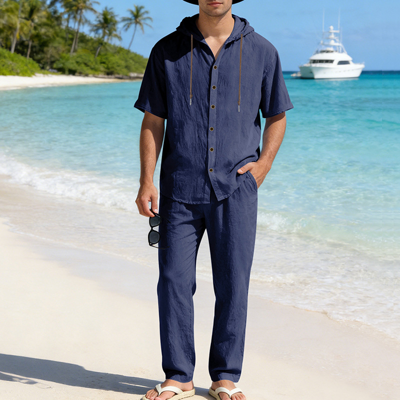 Herren Sommer Leinen Set Kurzarmhemd Und Hose Im Casual Style_voghion.com