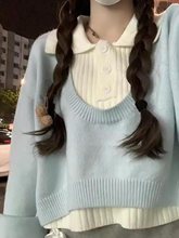 学院风短款韩系毛衣春夏高腰两件套针织衫polo领上衣新款女装套装