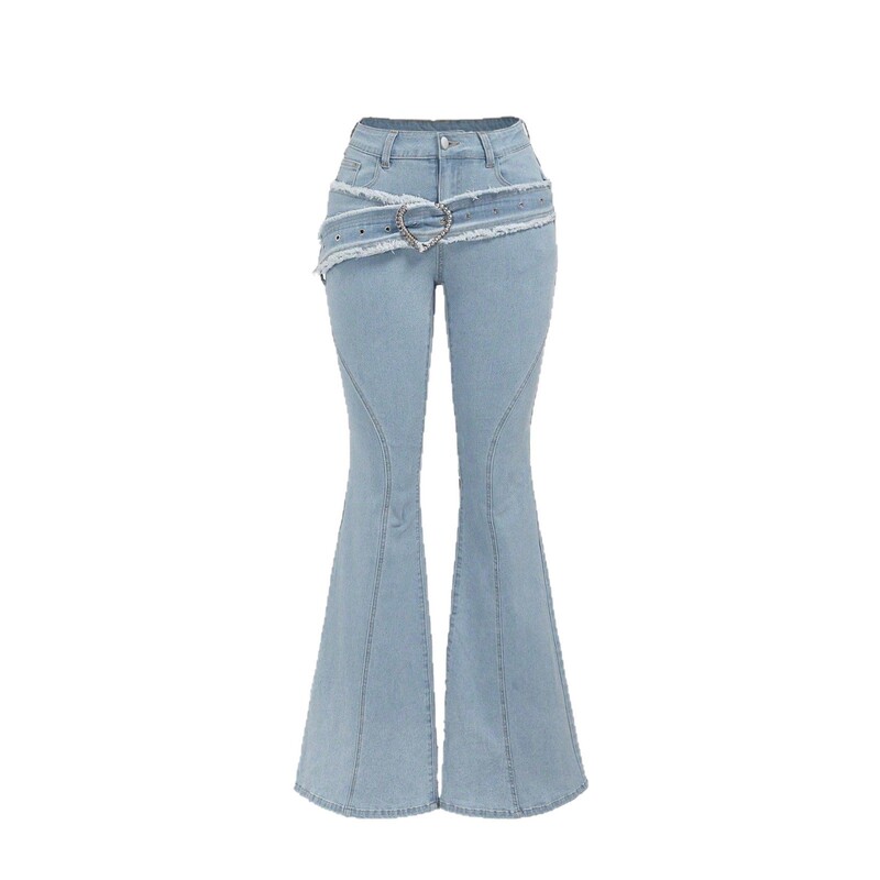 European and American Cross-Border Foreign Trade Versatile Fashion Back Pocket Heart-Shaped Embroidery Irregular Waist Elastic Women's Flared Jeans European and American Cross-Border Foreign Trade Versatile Fashion Back Pocket Heart-Shaped Embroidery Irregular Waist Elastic Women's Flared Jeans