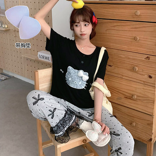 Modal Pajamas with Chest Pad Women's Comfortable Round Neck Summer Thin Sweet Short-Sleeved Pants Outwear Home Clothes Cover