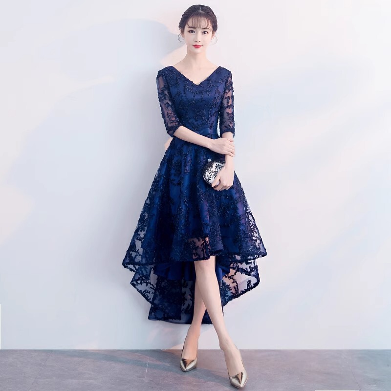 Blue Evening Dress, Feminine Banquet, Fashionable Mother's Wedding Banquet Dress, Short Front and Long Back Dress, Can Be Worn in Summer Blue Evening Dress, Feminine Banquet, Fashionable Mother's Wedding Banquet Dress, Short Front and Long Back Dress, Can Be Worn in Summer
