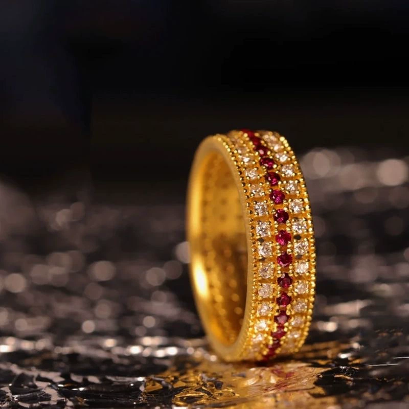 Кольцо из 18-каратного золота с тремя рядами звёздчатого моассанита и розового камня, кольцо на указательный палец, кольцо в стиле дворцового дизайна с выращенным голубиным кроваво-красным камнем