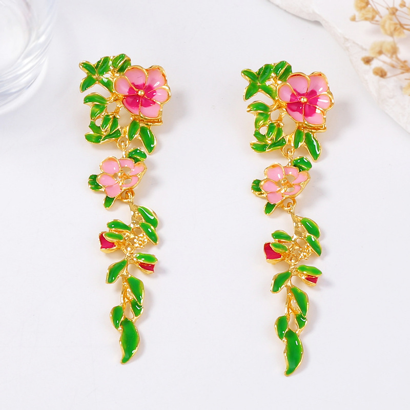 跨境个性夸张长款花朵轻奢潮流时尚精致滴油流苏花朵耳坠女饰品|undefined