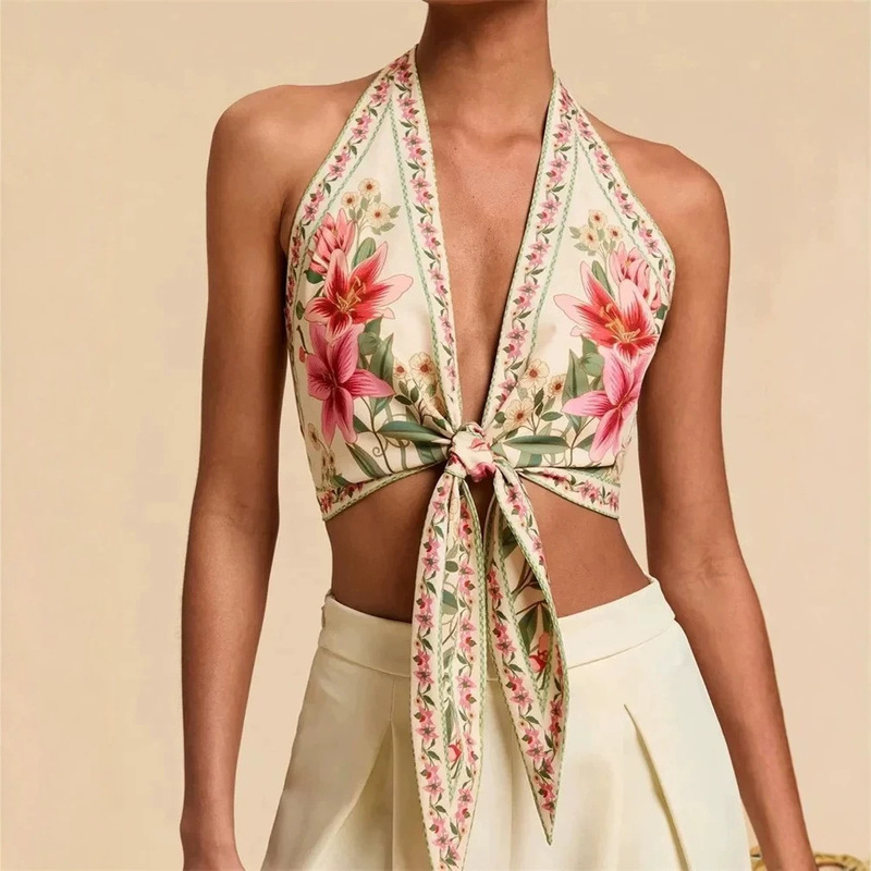 European and American Cross-Border Vacation Style Floral Print Halter Neck Tie-Up Short Top Summer Spicy Girl Exposed Waist V-Neck Camisole European and American Cross-Border Vacation Style Floral Print Halter Neck Tie-Up Short Top Summer Spicy Girl Exposed Waist V-Neck Camisole