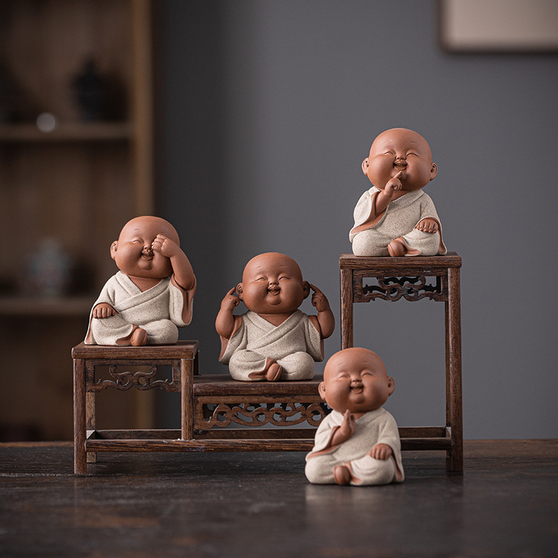 Zen-Inspired Purple Clay Four Little Monks Creative Tea Pet Ornaments, Exquisite and Cute Little Monk Figurines for Tea Table Decoration
