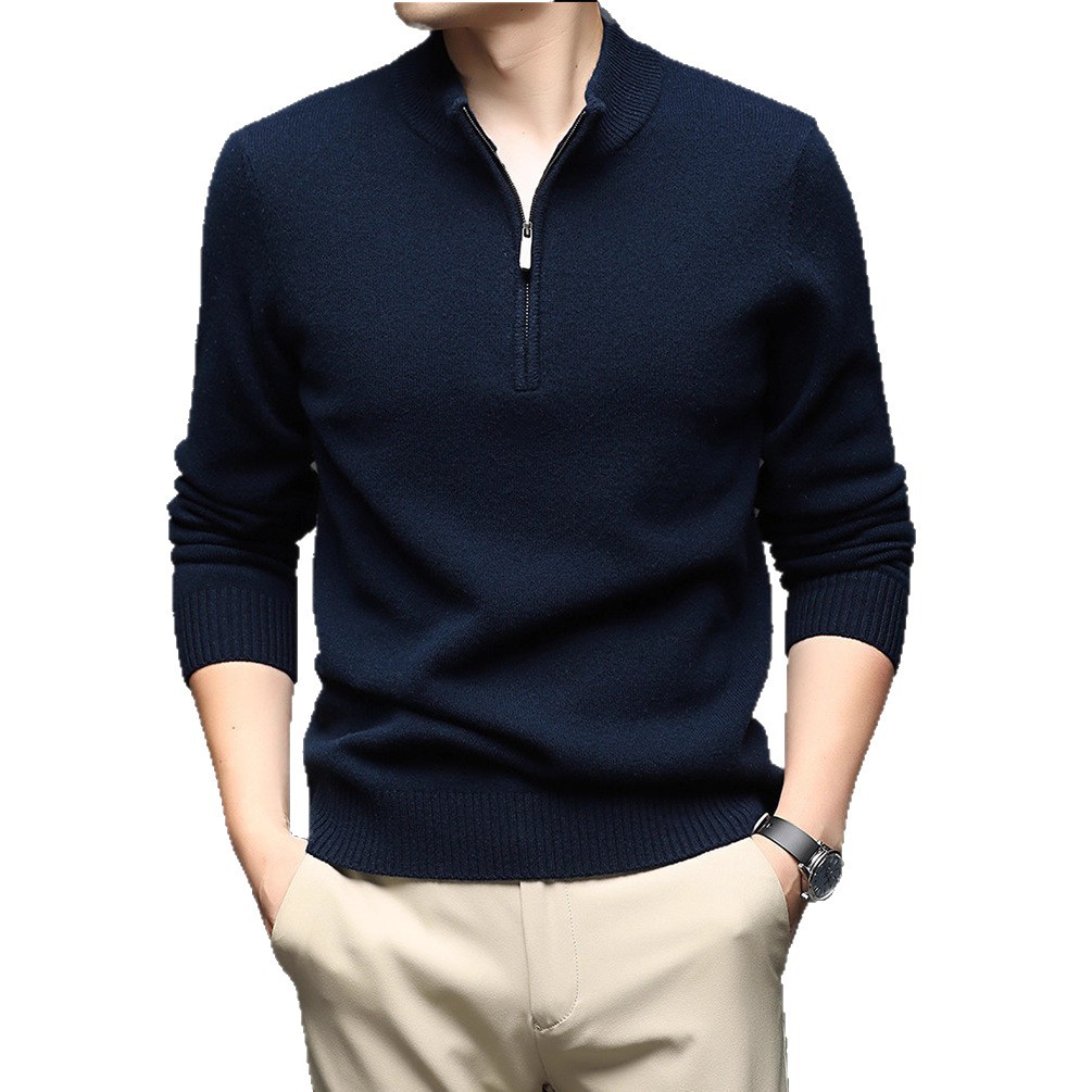Nuevo delgado otoño y invierno semia cremallera suéter de manga larga casual overhead casual de color sólido overhead de lana camiseta de punto de hombre
