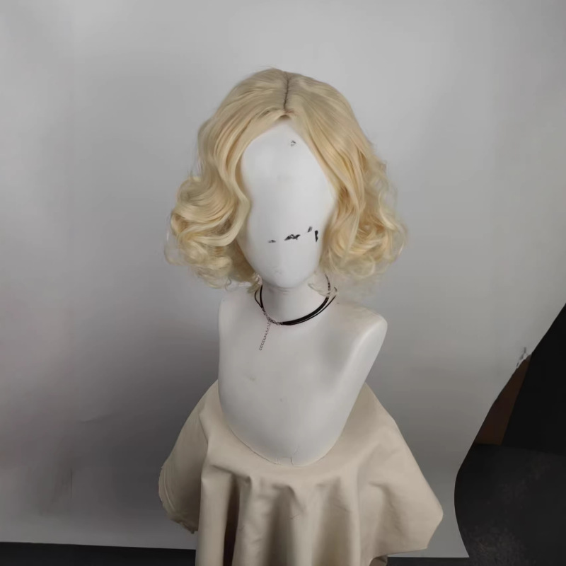 Identity V Mrs. Farro Cosplay Wig with Realistic Scalp, Blonde Hair, Middle Part, Short Curly Hair for Cosplay Game
