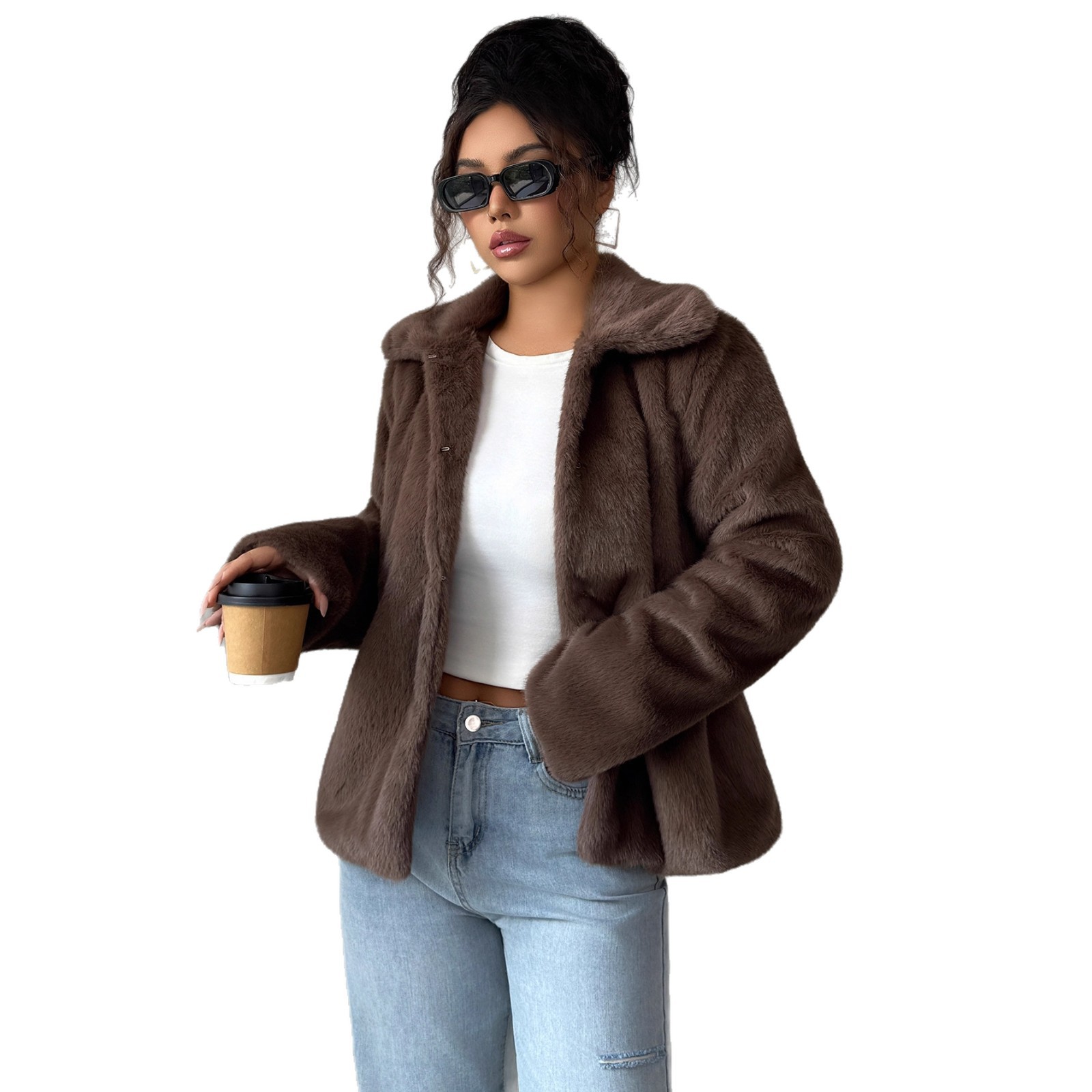 Elegant Women's Long Sleeve Plush Coat – Oversized U-Neck Trench Coat For Fall & Winter, Soft Polyester Fleece (Brown)_ecoleips.com