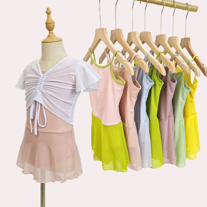 Children's Sling Dancing Clothes Summer Girls' Training Clothes conjoined ballet shawl short-sleeved blouse for small and medium-sized children Children's Sling Dancing Clothes Summer Girls' Training Clothes conjoined ballet shawl short-sleeved blouse for small and medium-sized children
